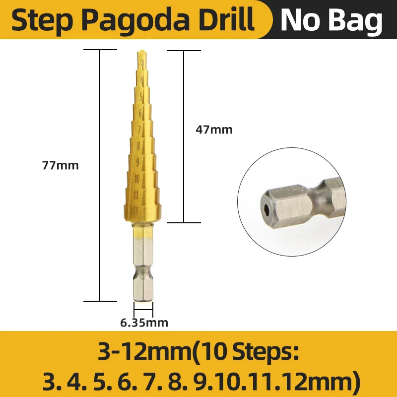 TOOLEYE HSS Titanium Step Drill Bit Stage Drills For Metal Wood High Speed Stepped Drill Set Power Tools 3-12 4-12 4-20 4-32mm