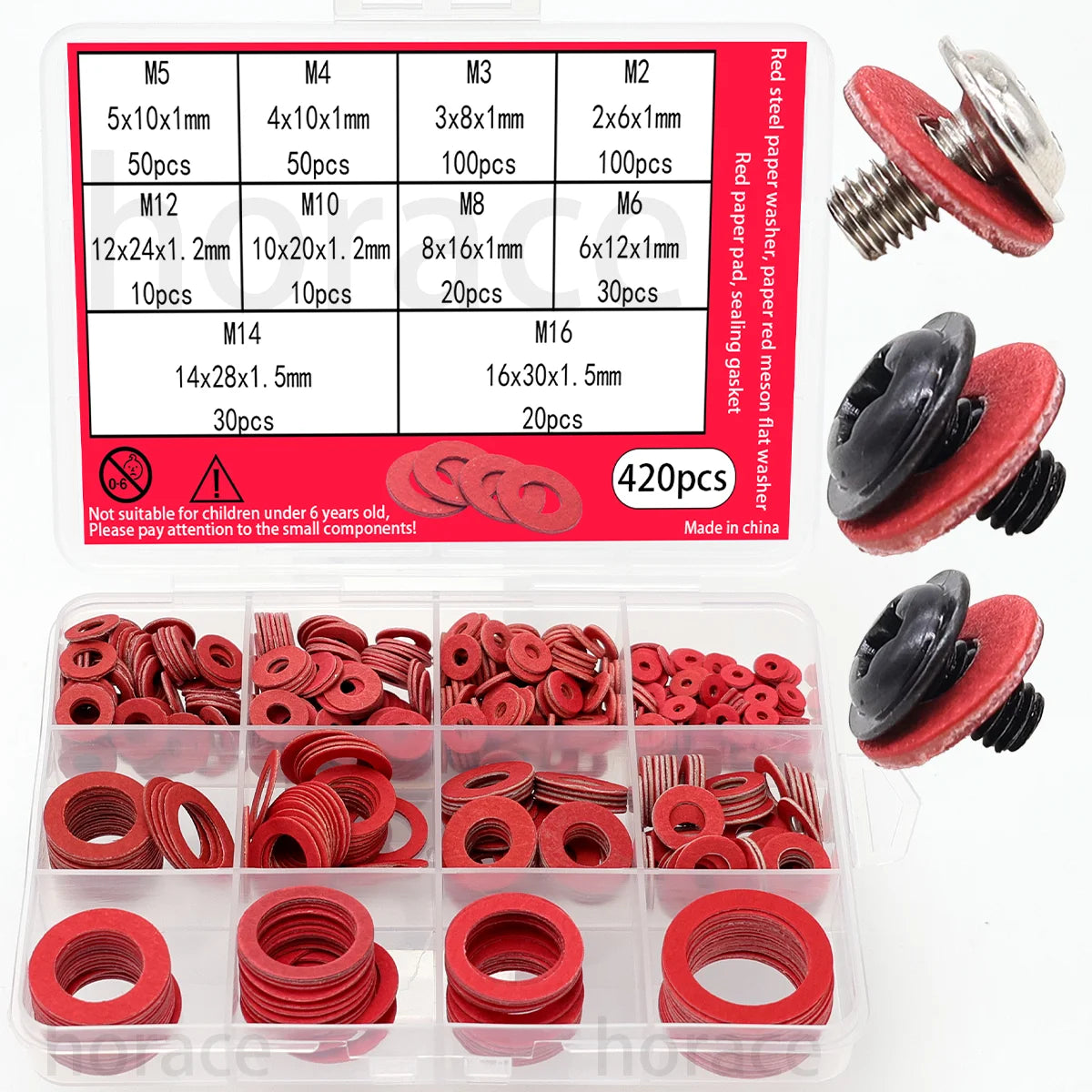 420 Red Steel Paper Washers - M2-M16 Paper Washers, Red Paper Gaskets, Insulating Fiber Flat Washers for Bolt Tightening.