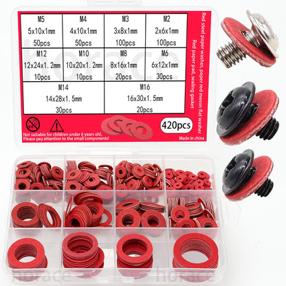420 Red Steel Paper Washers - M2-M16 Paper Washers, Red Paper Gaskets, Insulating Fiber Flat Washers for Bolt Tightening.