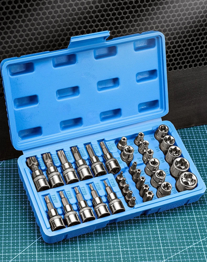 Professional 34pcs Torx Bit Socket & E-Torx Star Socket Set 1/4" 3/8" 1/2" Drive Male Female E-torx Bits Handheld Tool with Case