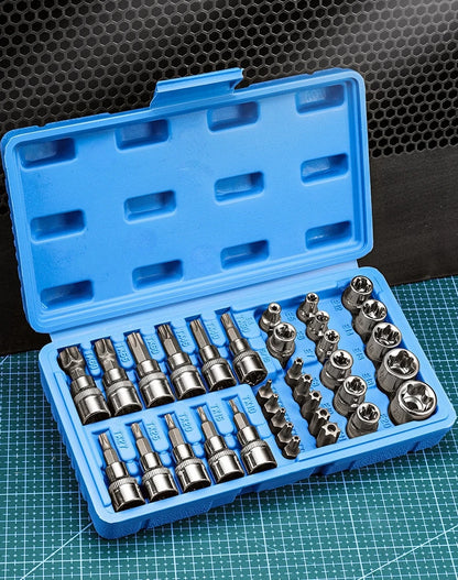 Professional 34pcs Torx Bit Socket & E-Torx Star Socket Set 1/4" 3/8" 1/2" Drive Male Female E-torx Bits Handheld Tool with Case