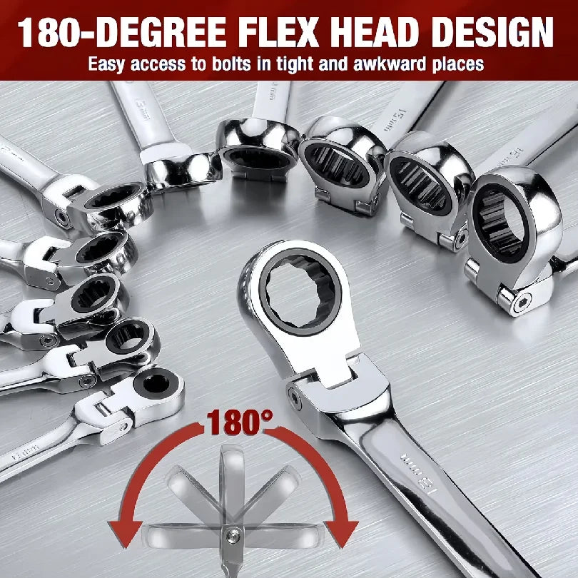 5pcs Flex Head Ratchet Wrench Set, Metric, Chrome Vanadium Steel Combination Spanner Key Wrench Kits Hardware Hand Tool