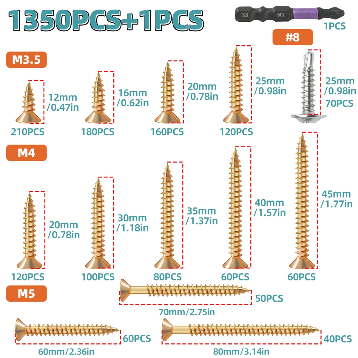 1350pcs Carbon Steel Phillips Wood Screws Assortment Kit, Flat-Head And Phillips Designs, Common Sizes M3.5/M4/M5/#8, Heavy Duty Self-Tapping Fasteners with Anti-Slip Matching Wrench, Sturdy Double Layer Storage Box, Hardware Supplies for Woodworking