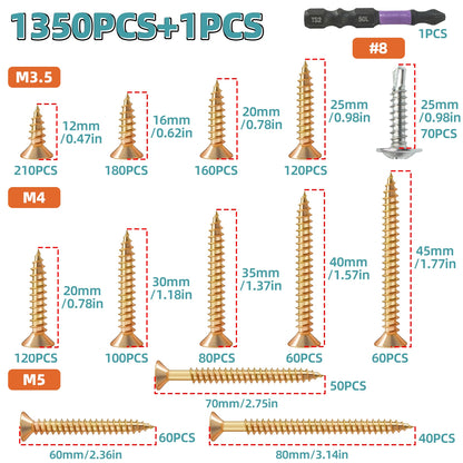 1350pcs Carbon Steel Phillips Wood Screws Assortment Kit, Flat-Head And Phillips Designs, Common Sizes M3.5/M4/M5/#8, Heavy Duty Self-Tapping Fasteners with Anti-Slip Matching Wrench, Sturdy Double Layer Storage Box, Hardware Supplies for Woodworking