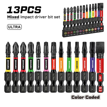 Geinxurn 13PCS Impact Phillipes/Square/Slotted Screwdriver Bits Set, 2'' Magnetic S2 Steel Bits Set with Color Coded Base