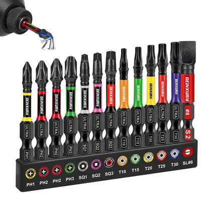Geinxurn 13PCS Impact Phillipes/Square/Slotted Screwdriver Bits Set, 2'' Magnetic S2 Steel Bits Set with Color Coded Base