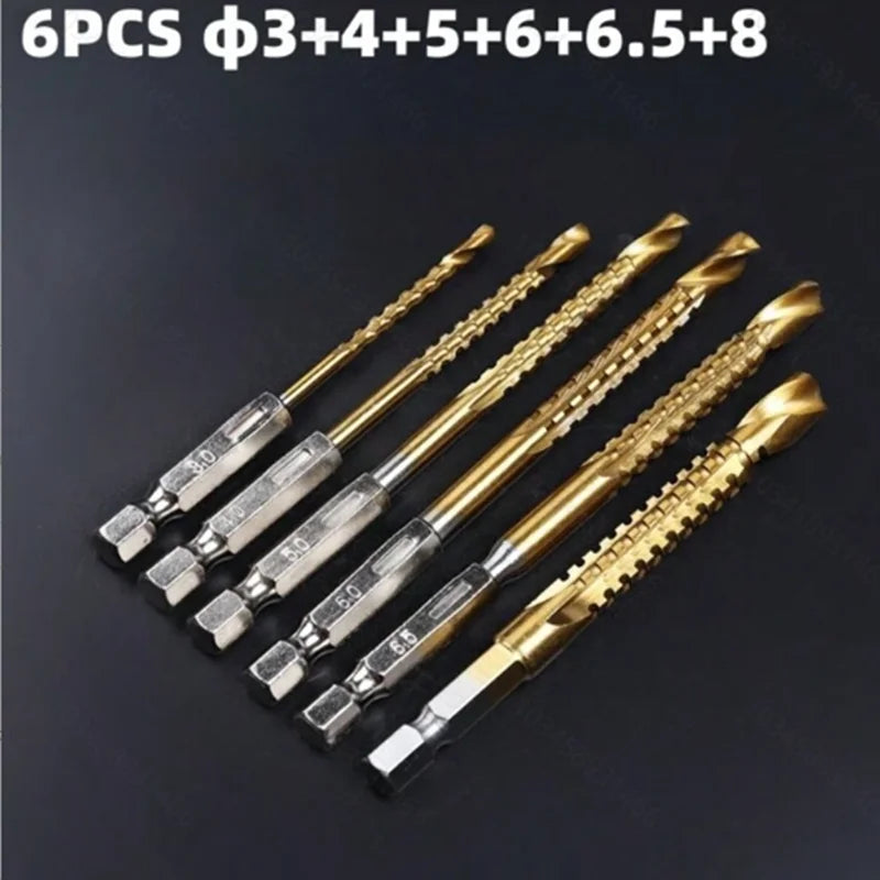 6pcs Set of Serrated Hexagonal Handle Twist Drill Bit Set Wooden Board Expansion Groove Serrated High-Speed Steel Alloy Bits