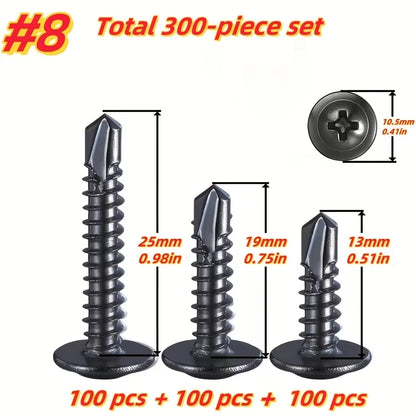 100/300-Pack Black Self-Drilling TEK Screws 410 SS 8.8 Grade Phillips Head 13-25mm Rust-Resistant for Metal/Wood/Plastic DIY Rep