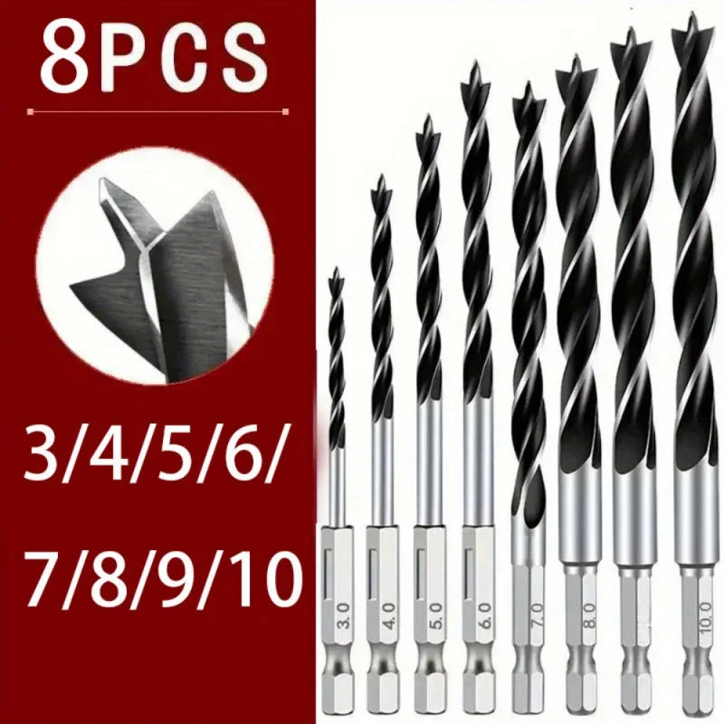 8PCS-3/4/5/6/7/8/9/10mm 1/4Hexagonal Handle Three-Point Positioning Woodworking Drill Bit