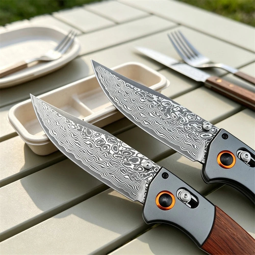 Damascus Steel Folding Pocket Knife BM 15080 with Wood & Blue G10 Handle Heavy-Duty Outdoor Cutting Tool for Daily & Outdoor Use