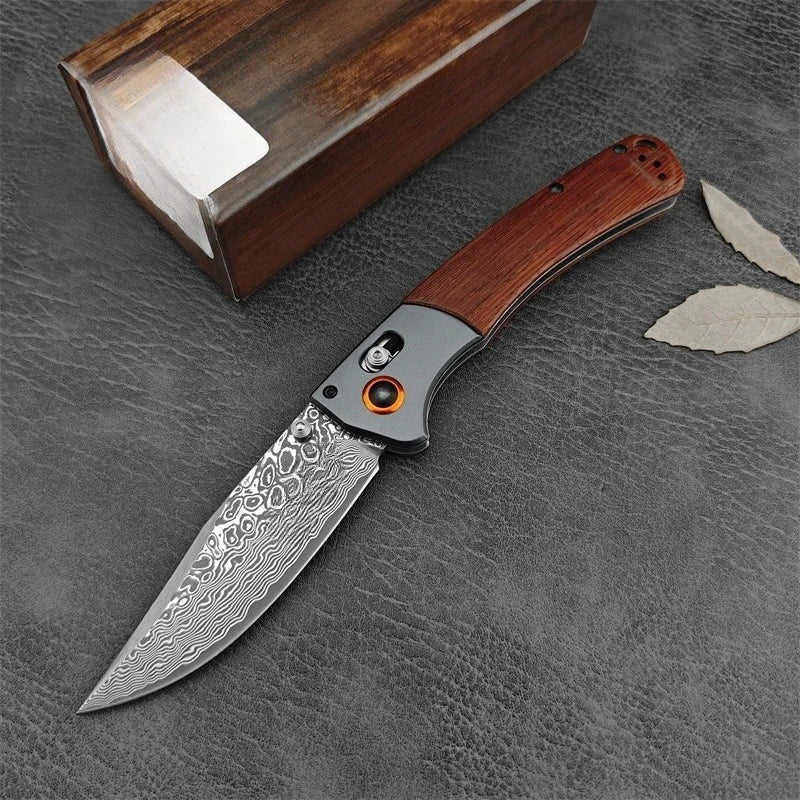 BM 15080 Damascus Steel Blade Wooden/G10 Handle Outdoor Camping Hiking Cutting Rescue Pocket Knife EDC Fishing Tool Gift for Men