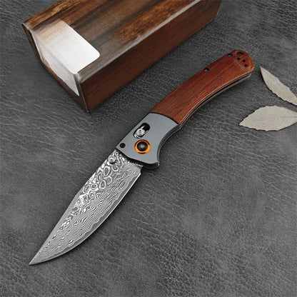 BM 15080 Damascus Steel Blade Wooden/G10 Handle Outdoor Camping Hiking Cutting Rescue Pocket Knife EDC Fishing Tool Gift for Men
