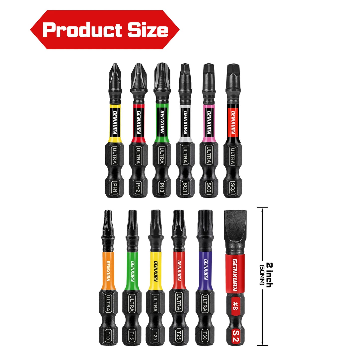 Geinxurn 13PCS Impact Phillipes/Square/Slotted Screwdriver Bits Set, 2'' Magnetic S2 Steel Bits Set with Color Coded Base