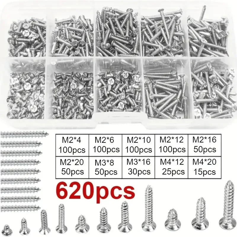 100/620Pcs M2-M4 Wood Self Tapping Screws Assortment Kit Wood Thread Fastener Set