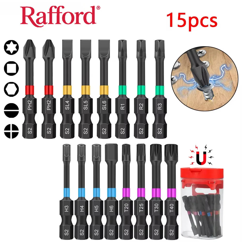 Rafford15PCS Magnetic Batch Head Impact Electric Screwdriver Bit Set Magnetic Case 5 Types S2 Head Bit Anti-slip Waterproof Bits