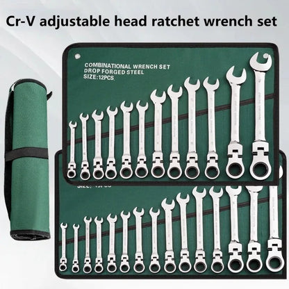 Ratchet Combination Wrench Set 6-32mm Gear Ring Ratcheting Combination Wrench Kit Metric Flexible Head with Canvas Bag Tools Set