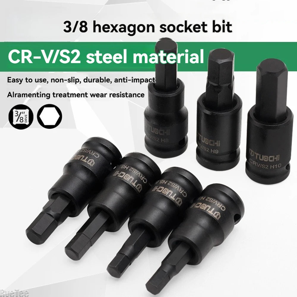 3/8 Inch Hexagonal Socket Set Metal Vanadium Alloy Steel Torx Tool Socket Head for Manual Wrench