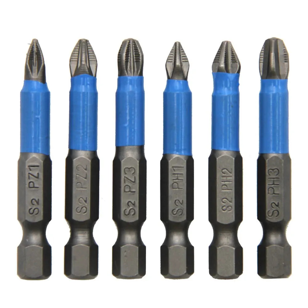 6Pcs Hex Shank Screwdriver Bit Set PH1 PH2 PH3 PZ1 PZ2 PZ3 S2 Steel Anti Skid Cross Head for Woodworking Repair