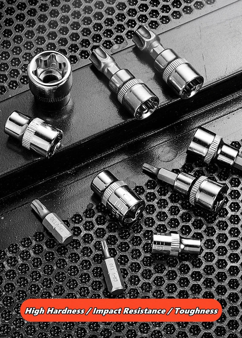 Professional 34pcs Torx Bit Socket & E-Torx Star Socket Set 1/4" 3/8" 1/2" Drive Male Female E-torx Bits Handheld Tool with Case