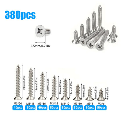 380-Piece Set of Stainless Steel Self-Tapping Screws M3,Length 6-20mm,for Home Repair and Installation, Fastening Wood and Metal