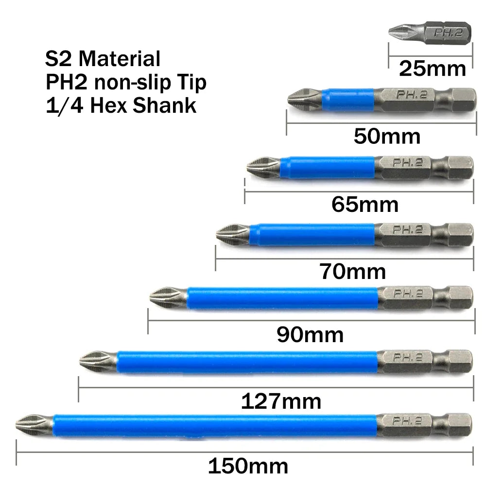 7pcs 1/4" Hex Shank Fits Magnetic PH2 Long Reach Electric ARC Screwdriver Bits Exactness Single Phillips Cross Head Tool