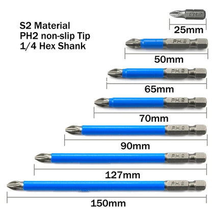 7pcs 1/4" Hex Shank Fits Magnetic PH2 Long Reach Electric ARC Screwdriver Bits Exactness Single Phillips Cross Head Tool