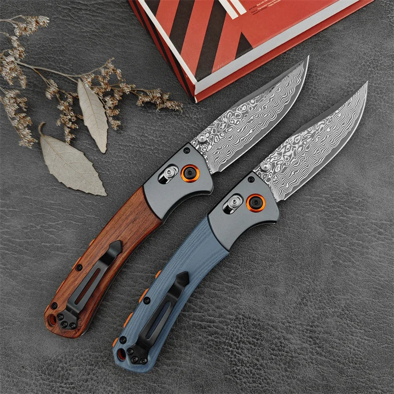 BM 15080 Damascus Steel Blade Wooden/G10 Handle Outdoor Camping Hiking Cutting Rescue Pocket Knife EDC Fishing Tool Gift for Men
