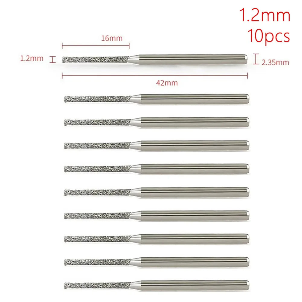 10Pcs 0.8-2.5mm Diamond Coated Drill Bits 2.35mm Shank Silver Polishing Head Grinding Burr Bits Glass Jade Amber Jewelry Diamond