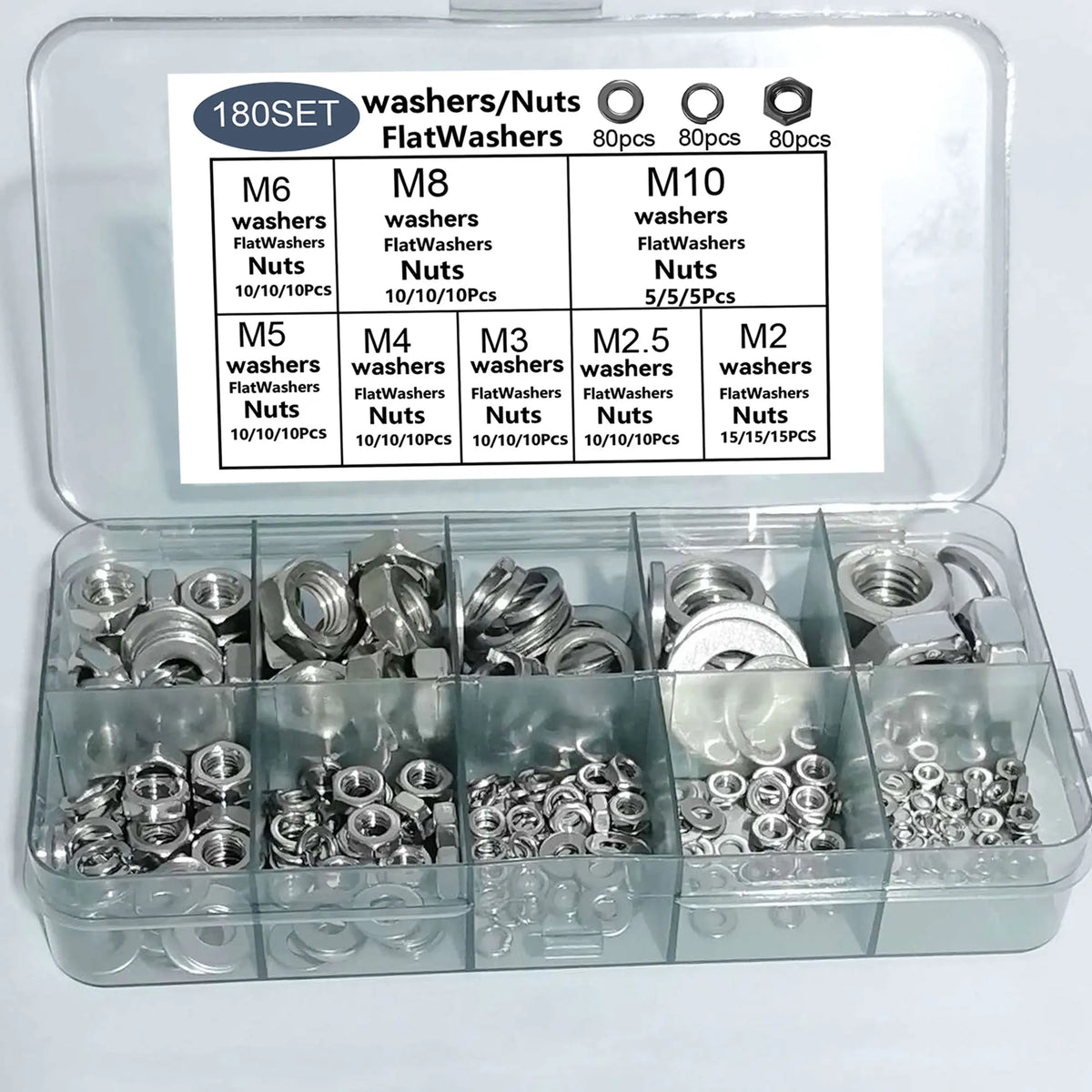 180Pcs Stainless Steel Locking Flat Washers/Spring Washers/Nut Combination Kit, M2 M2.5 M3 M4 M5 M6 M8 M10 Locking Spring Washers, Flat Washers and Nuts Hardware Tool Set, Stainless Steel Anti-Slip Fasteners Multi-Combination Set