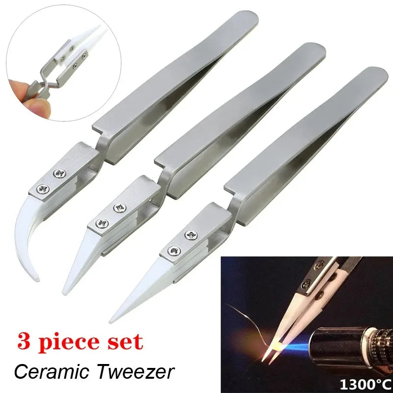 1/3 Pcs Ceramic Straight Tip Electronic Soldering Tweezers, Anti-Static Reverse Acid Resistant Precision Chuck Ceramic Tweezers