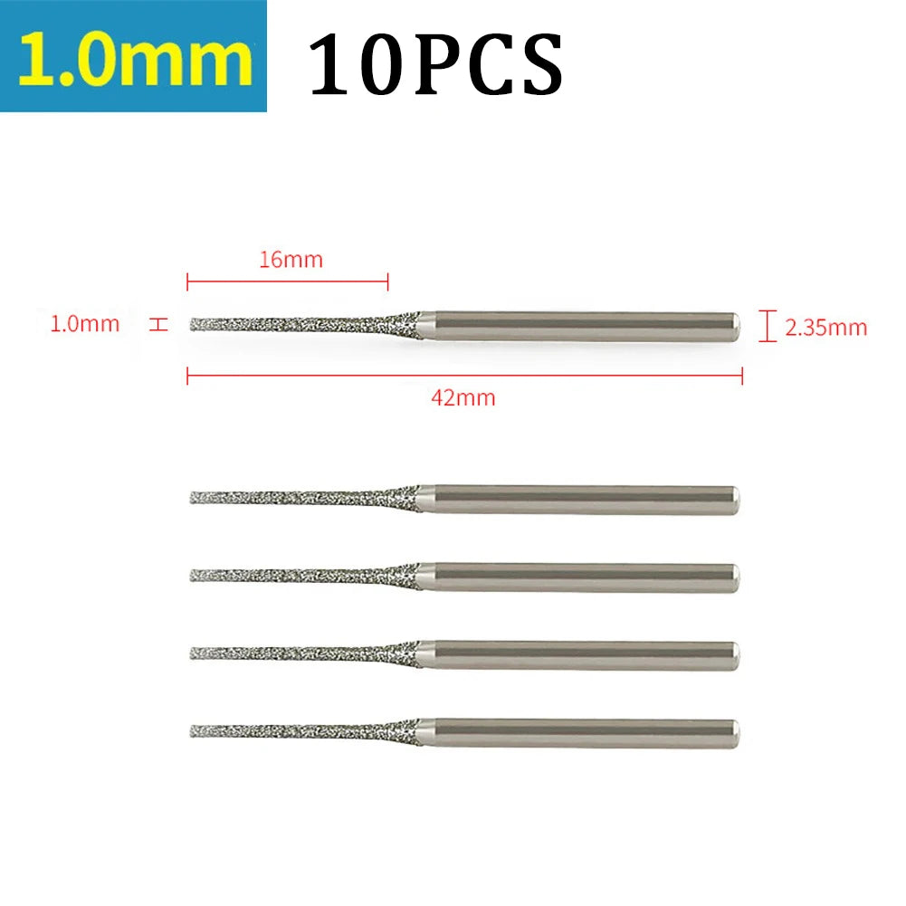 7/10PCS 0.8/1/1.2/1.5/1.8/2/2.5mm Diamond Coated Drill Bits with 2.35mm Shank Glass Jade Amber Jewelry Diamond Drill Bit