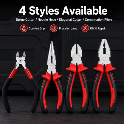 4 Types Pliers Set, Sprue Cutter Needle Nose Diagonal Cutter Combination Pliers for Wire Cutting Twisting Gripping DIY Repair
