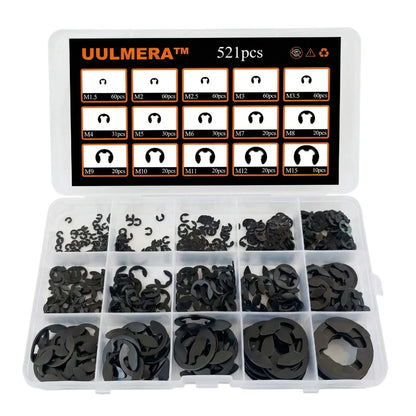 352/521Pcs Black Carbon Steel External Snap Retaining Rings Assortment Kit C-Clips E-Clips for Shaft Axle Studs Hardware