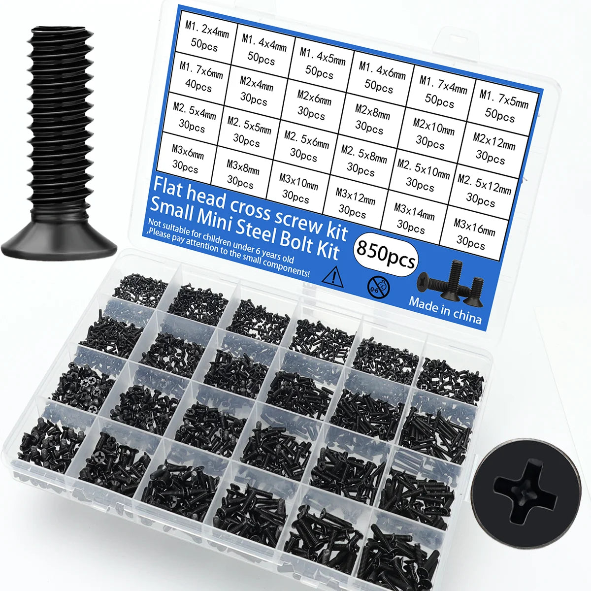 850pcs KM Black Phillips Countersunk Head Screws, Flat Head Screws, Boxed for Mobile Phones, Laptops, Tablets Repair Screws
