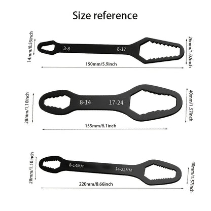 3Pcs Black Double-Head Wrench Kit, High-Hardness Steel, Adjustable & Box-End for Maintenance