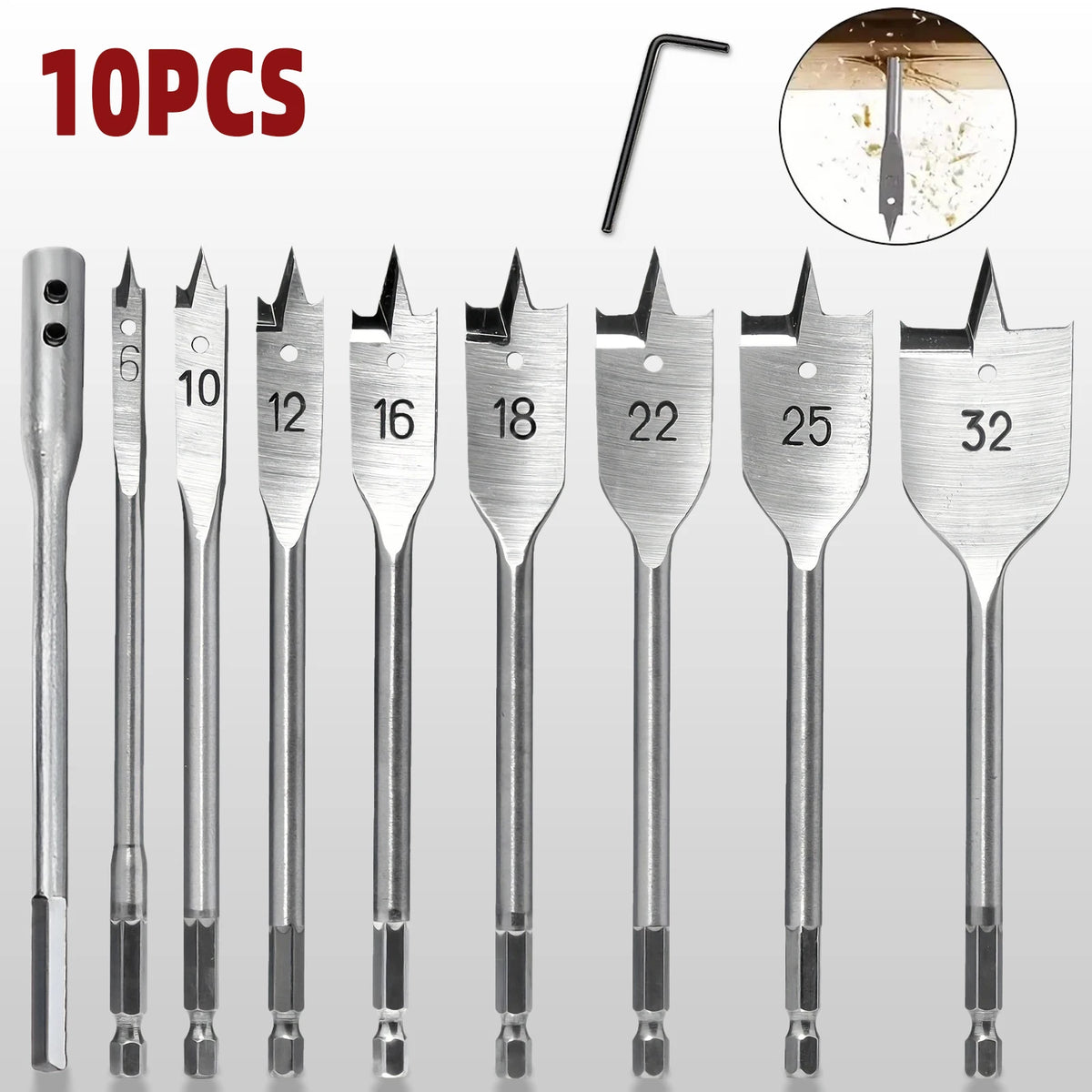 10PCS High Carbon Steel Spade Drill Bit Set, 6-32mm Hex Shank Wood Boring Bits with Extension Rod & Hex Key