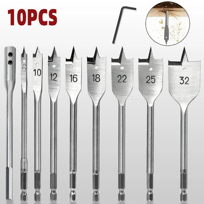 10PCS High Carbon Steel Spade Drill Bit Set, 6-32mm Hex Shank Wood Boring Bits with Extension Rod & Hex Key