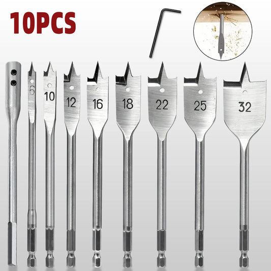 10PCS High Carbon Steel Spade Drill Bit Set, 6-32mm Hex Shank Wood Boring Bits with Extension Rod & Hex Key