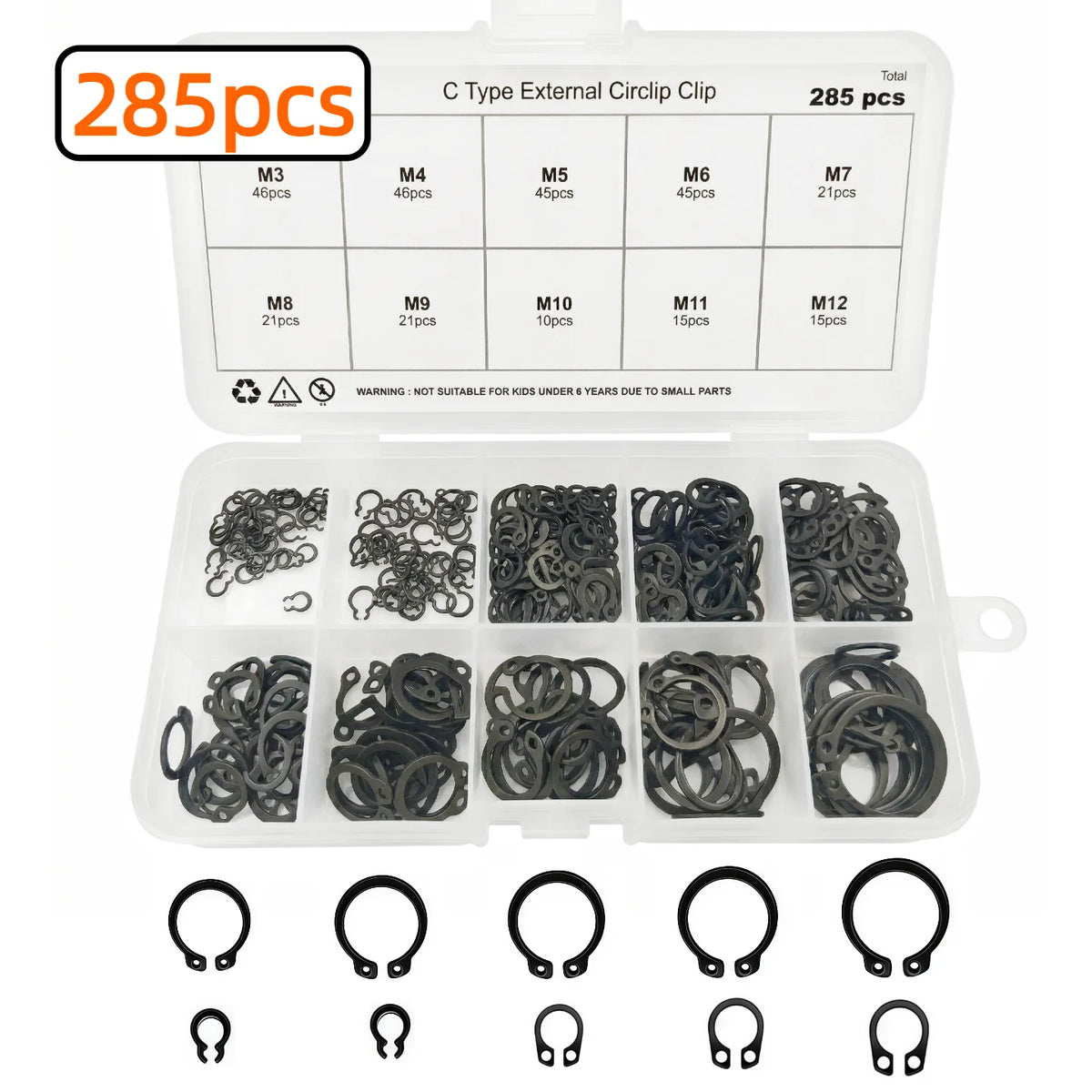 285/392/449Pcs M3-M25 Black Alloy Steel C Clip External Circlip Set Snap Ring Retaining Ring for Shaft Bearing Hardware