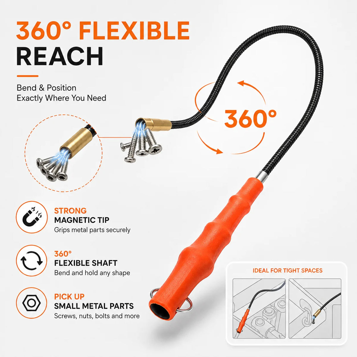 Magnetic Pickup Tool, Flexible Spring Grip Grabber for Nut Bolt Pickup, Adjustable Rod Stick, Repair Hand Tool