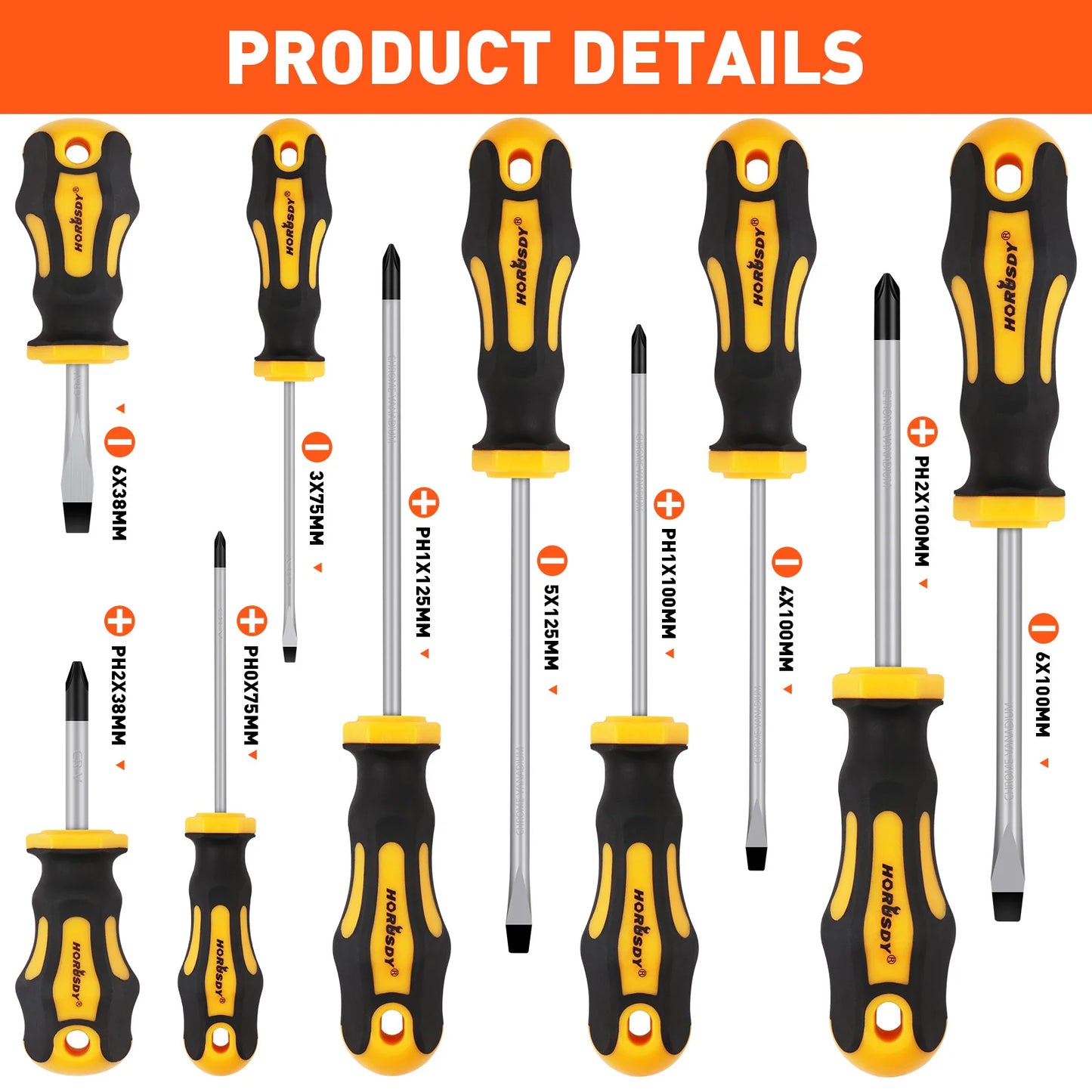 HORUSDY 11-Piece Magnetic Screwdriver Set Phillips Flat Head Tip with Magnetizer