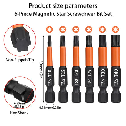 6-Piece Star Screwdriver Bit Set, 1/4' Hex Shank Screwdriver, 2' T10, T15, T20, T25, T30, T40 Star Screwdriver Bits, Versatile