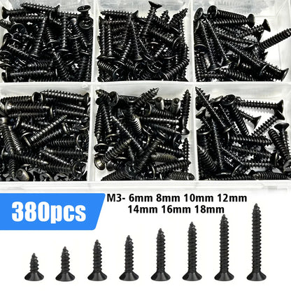 380 Black Self-Tapping Screws (6mm, 8mm, 10mm, 12mm, 14mm, 16mm, 18mm, 20mm), Wood Screw Locking Kit