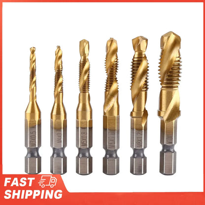 Metric Thread M3-M10 Titanium Coated HSS Drill and Tap Bits 1/4" Hex Shank Screw Taps Tool Set Thread Tap Tool Tapping Tool