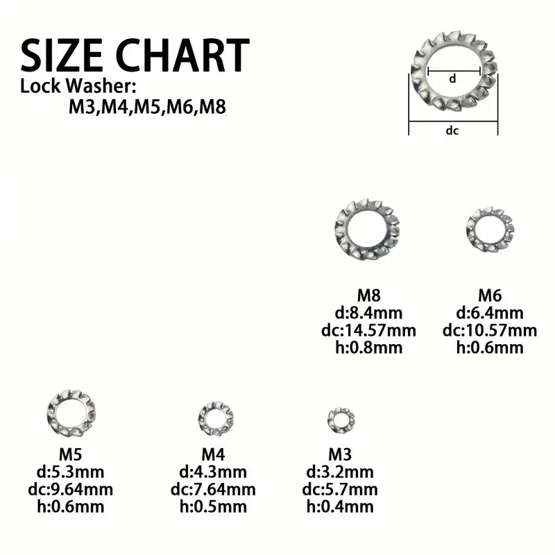 150pcs Assorted External & Internal Toothed Serrated Lock Washers M3-M8 Stainless Steel 304 A2-70 Set for Hardware