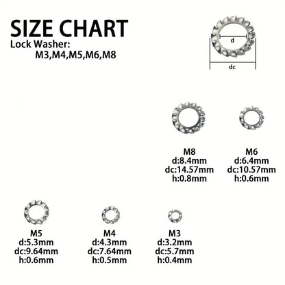 150pcs Assorted External & Internal Toothed Serrated Lock Washers M3-M8 Stainless Steel 304 A2-70 Set for Hardware