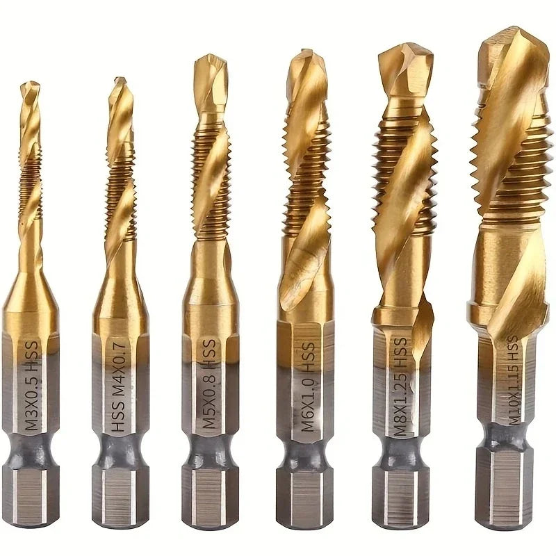 6Pcs 1/4" Hex Shank Titanium Drill Tap Combination Bit Set,  Metric Thread M3 M4 M5 M6 M8 M10 Taps Tool