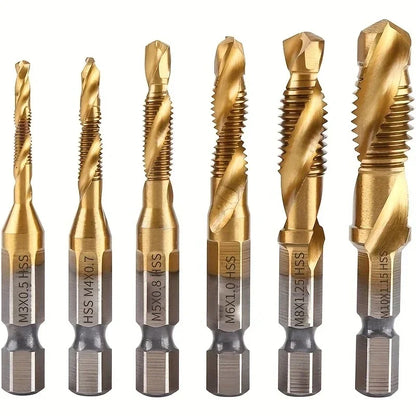 6Pcs 1/4" Hex Shank Titanium Drill Tap Combination Bit Set,  Metric Thread M3 M4 M5 M6 M8 M10 Taps Tool