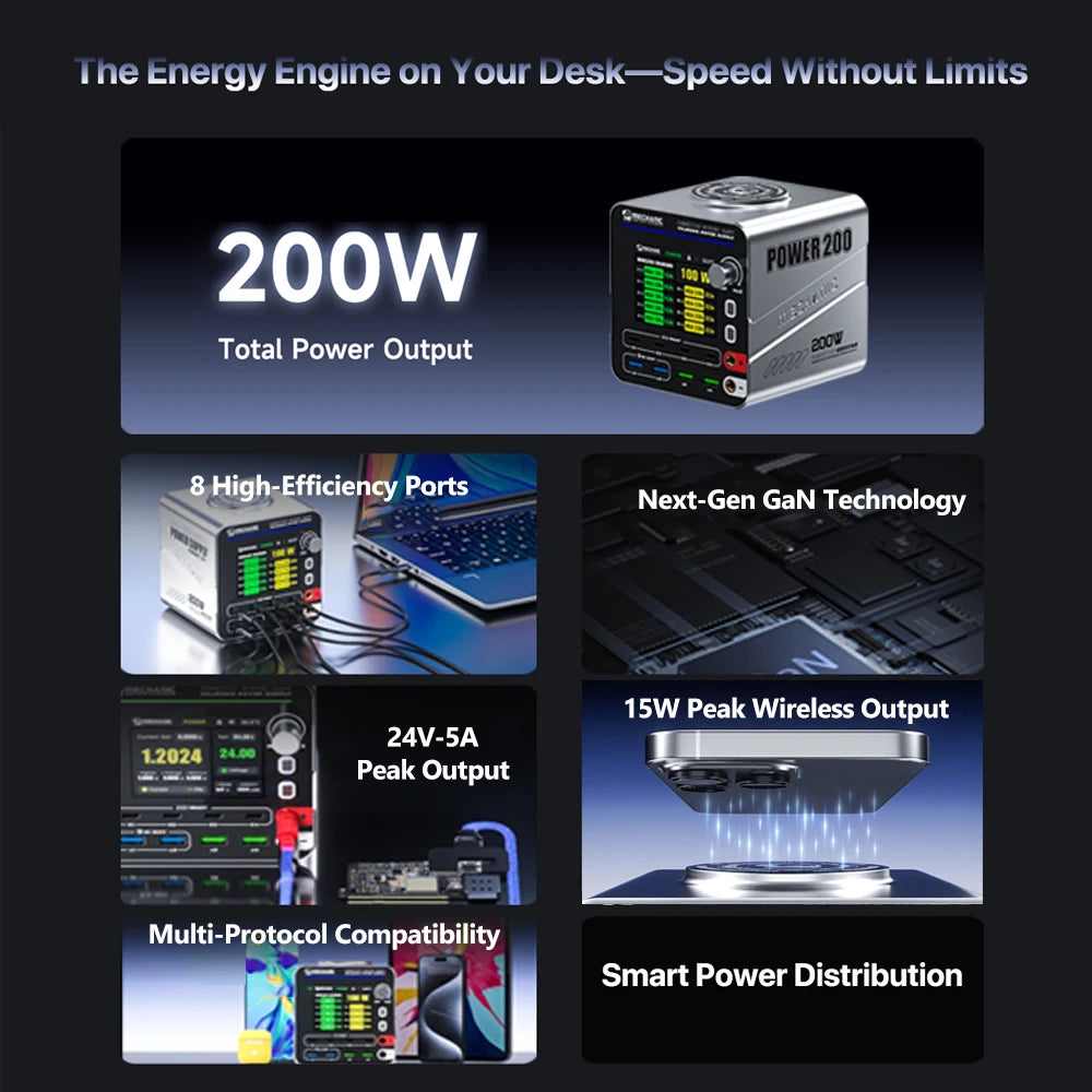 MECHANIC Power 200 Multi-Port Fast Charger+Adjustable Power Supply 200W for Smartphone Tablet Repair Fast Charging Testing Tools