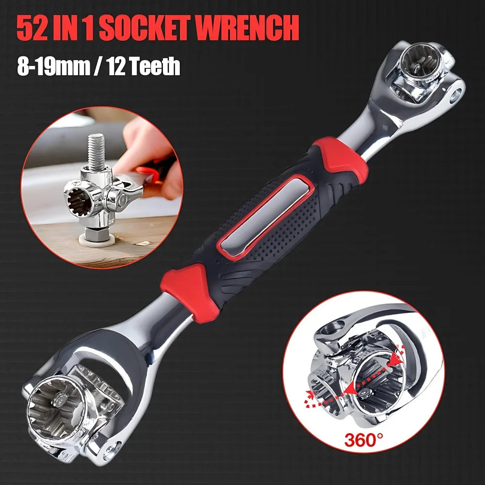52-in-1 Multi-Functional Socket Wrench Set 360 Degree Rotating Dog Bone Design Universal Spline Wrench 8-19mm Heavy Duty Hardware Tool for Car Auto Repair Bicycle Motorcycle Maintenance